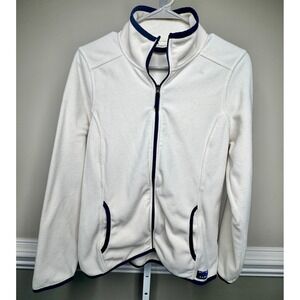 LLBean Womens‎ Fleece Jacket Cream Navy Trim Zip Up Casual Outerwear Size M